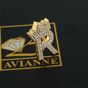 14K Yellow Gold Diamond Initial R Pendant with Crown 2.50 Ctw
